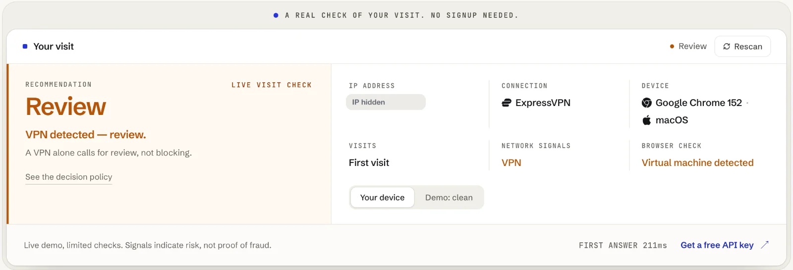 Maskbreak live check in the Aurorium profile: Review, VPN detected; connection ExpressVPN; device Google Chrome 152 on macOS; browser check: virtual machine detected; first visit; the IP address is hidden