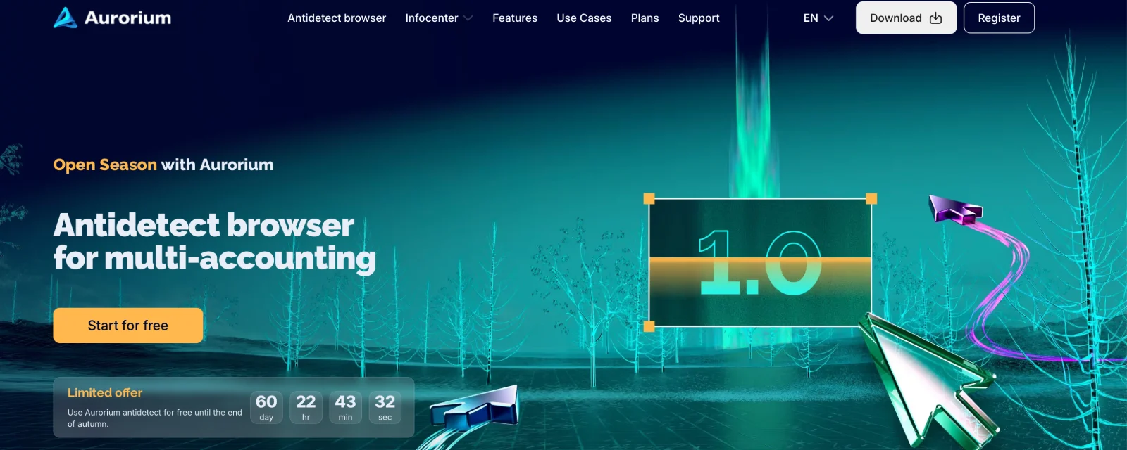 Aurorium home page: Antidetect browser for multi-accounting, version 1.0, a limited offer to use it free until the end of autumn