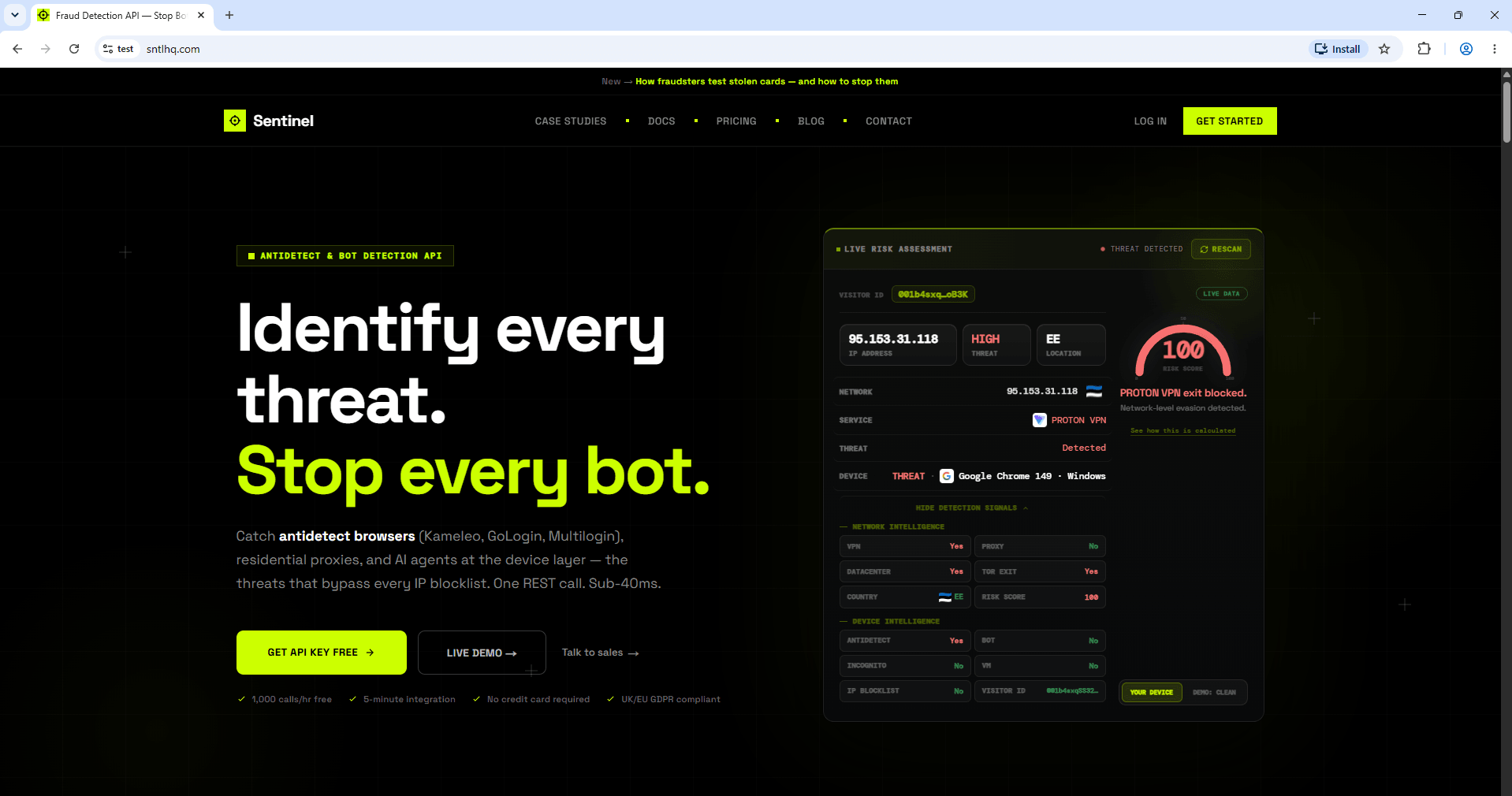 Maskbreak live scanner flagging the Kameleo profile: risk score 100, antidetect yes, Proton VPN exit labelled exit blocked by the scanner of the time